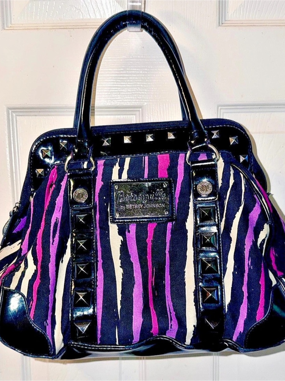 Betsey Johnson Studded Zebra Shoulder Bag in Black & Pink